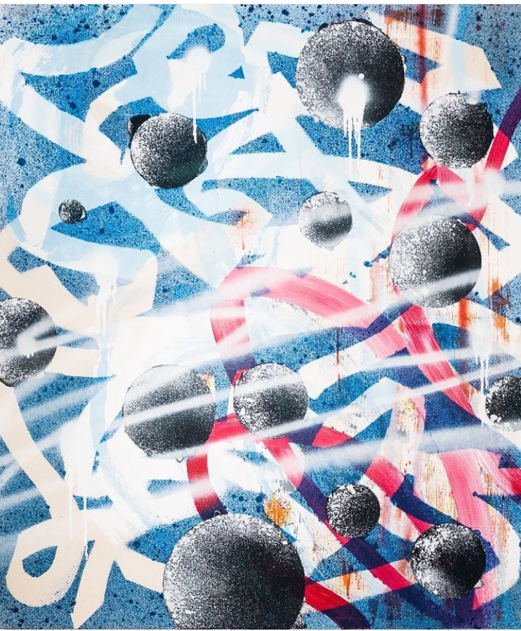 Paco Vallejo. Planetas y lazos. Técnica mixta sobre lienzo, 130 x 110 cm